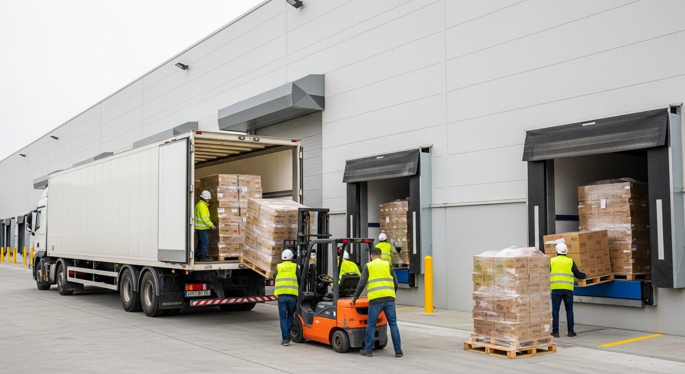 Logistics dock operations: pallets being loaded into a truck at an Emporia Trading partner warehouse